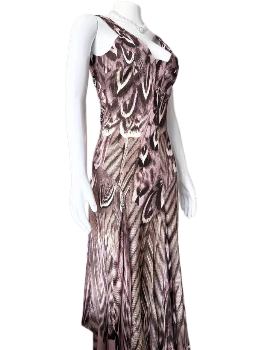 Roberto Cavalli Silk Printed Asymmetric Draped Evening Gown