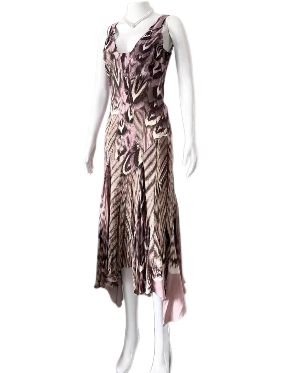 Roberto Cavalli Silk Printed Asymmetric Draped Evening Gown