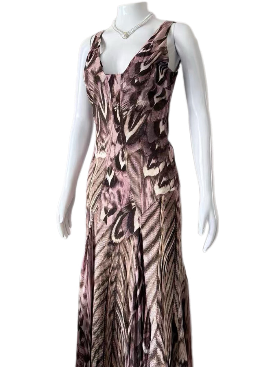 Roberto Cavalli Silk Printed Asymmetric Draped Evening Gown