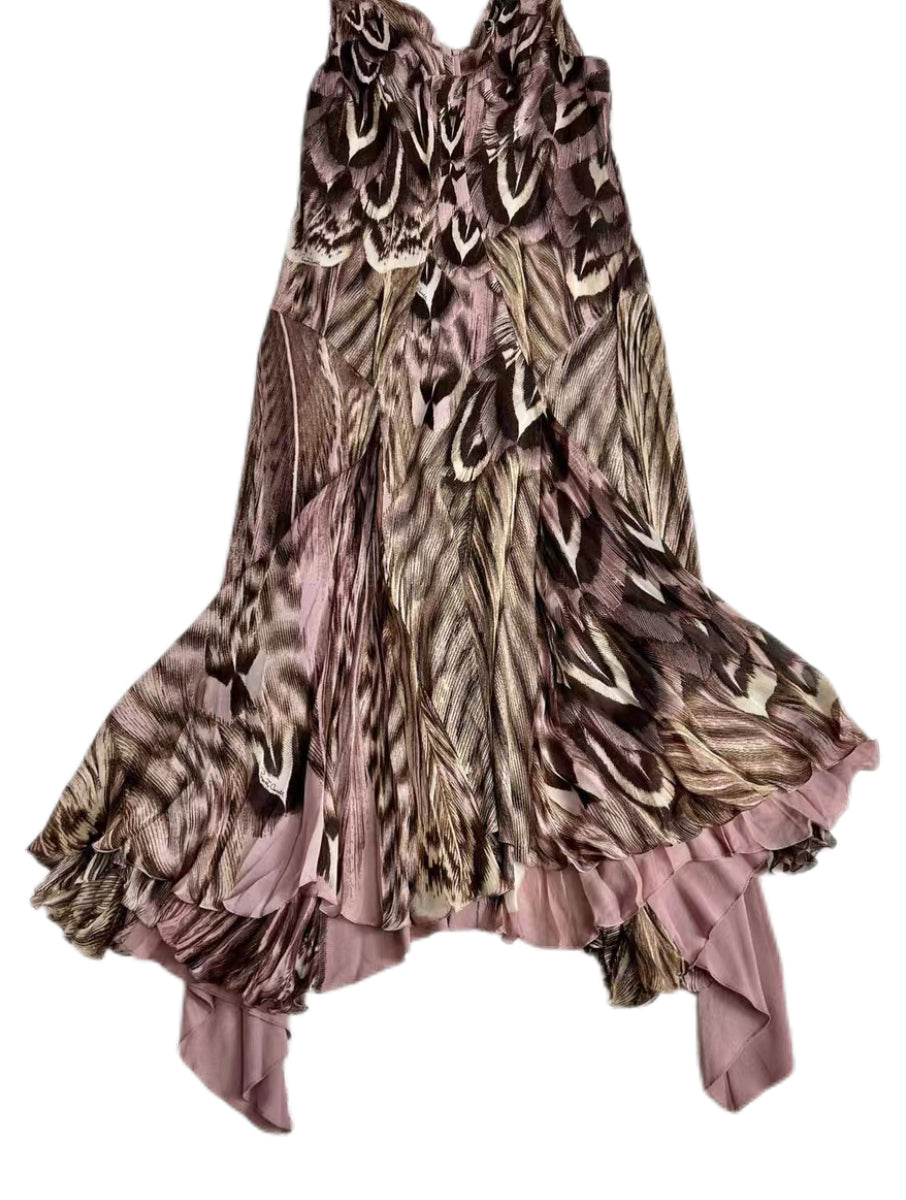 Roberto Cavalli Silk Printed Asymmetric Draped Evening Gown