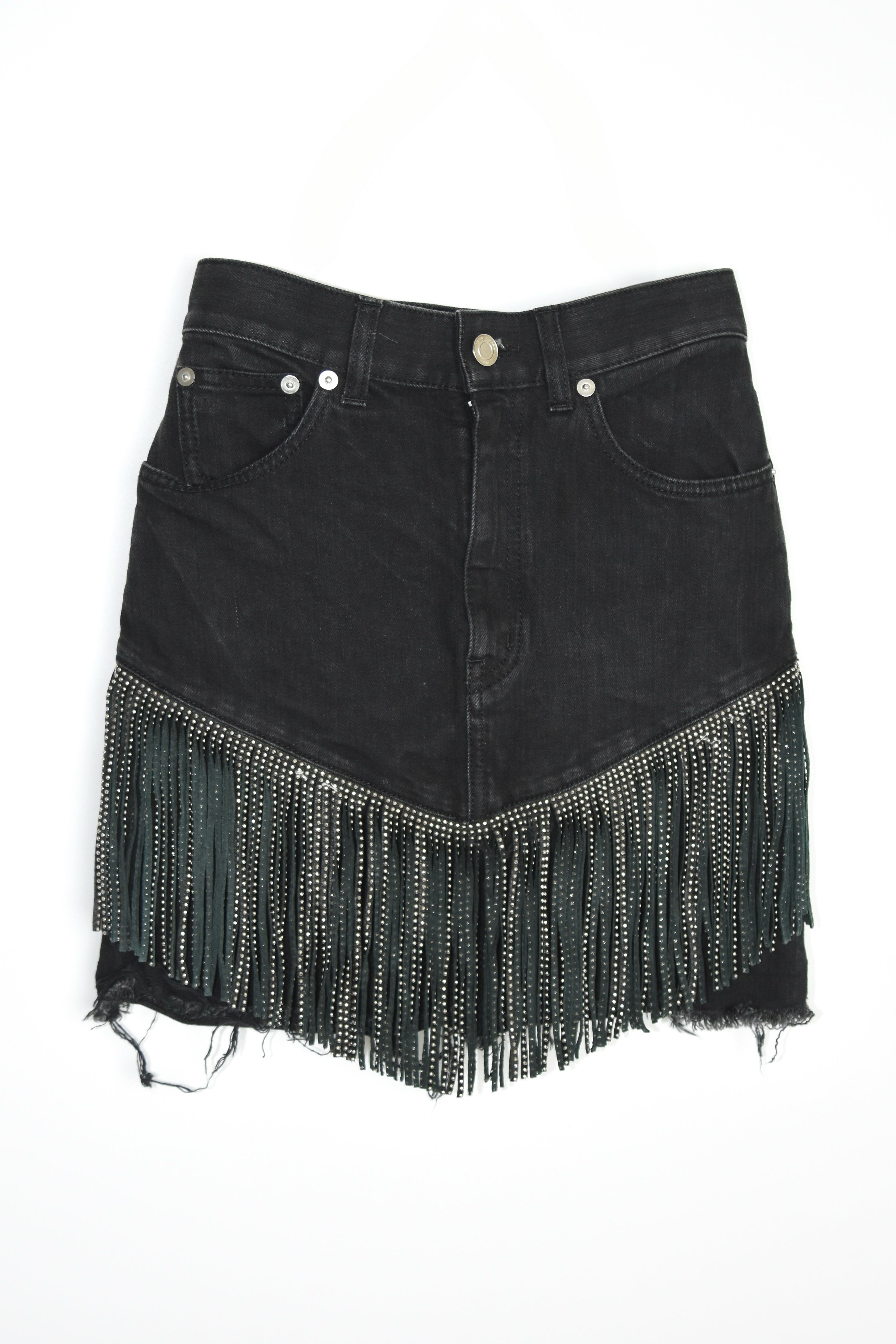 Saint Laurent Paris Embellished Fringe Denim Mini Skirt — Black Distressed High-Rise (Near New)