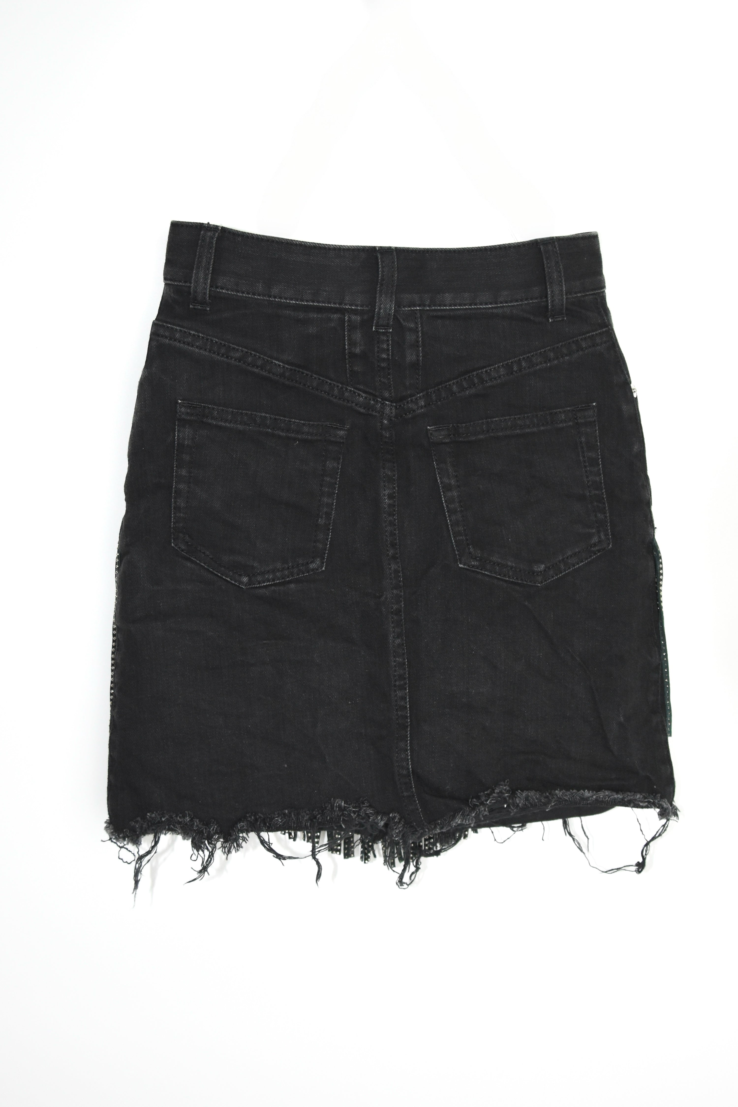 Saint Laurent Paris Embellished Fringe Denim Mini Skirt — Black Distressed High-Rise (Near New)