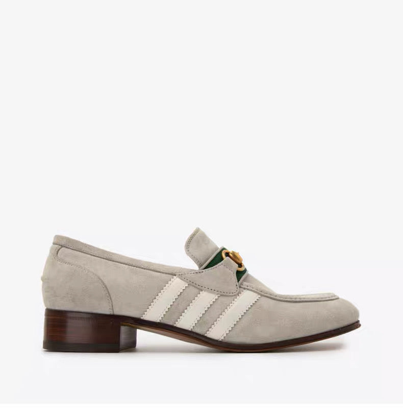 Gucci × adidas Horsebit Loafer – Beige Suede with Web & Trefoil Heel