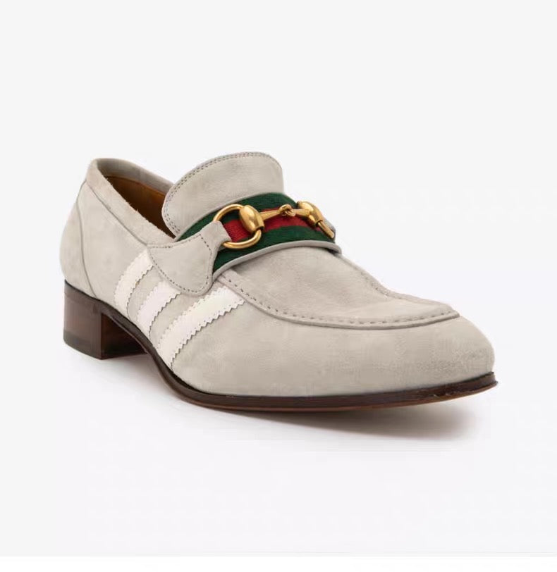 Gucci × adidas Horsebit Loafer – Beige Suede with Web & Trefoil Heel
