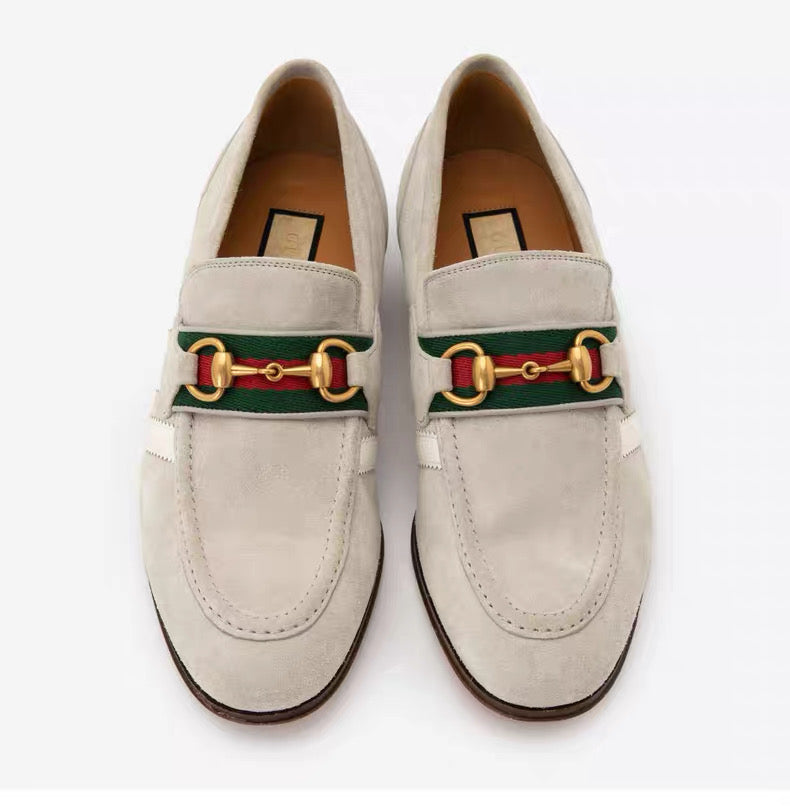 Gucci × adidas Horsebit Loafer – Beige Suede with Web & Trefoil Heel