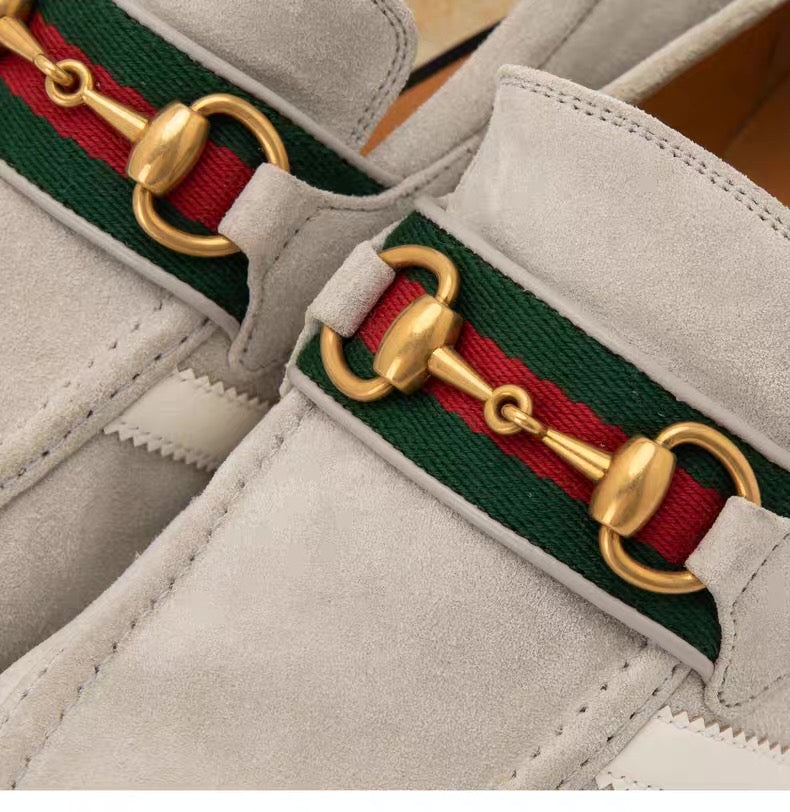 Gucci × adidas Horsebit Loafer – Beige Suede with Web & Trefoil Heel