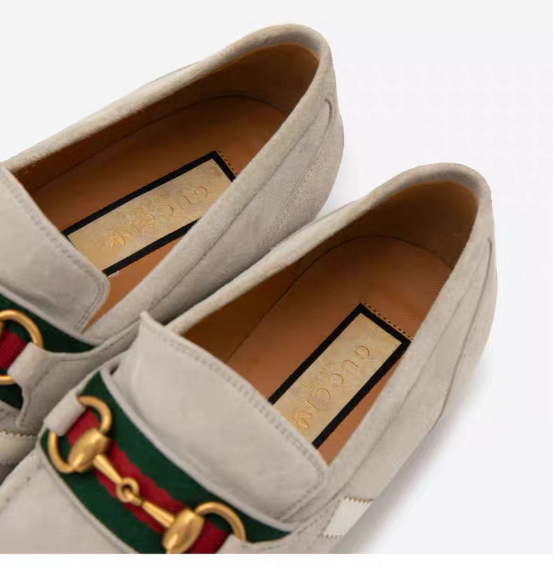 Gucci × adidas Horsebit Loafer – Beige Suede with Web & Trefoil Heel