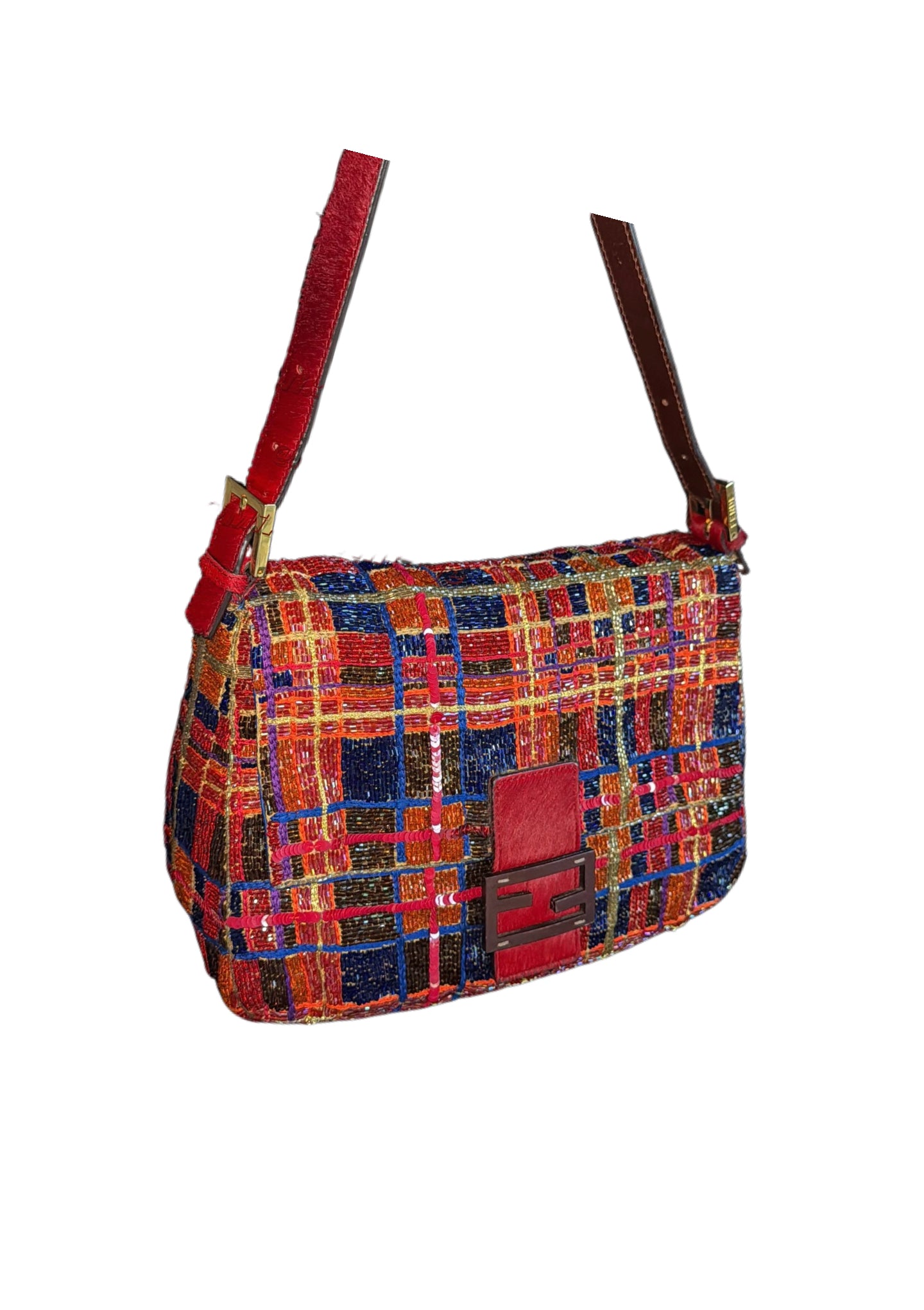 Fendi Multicolor Beaded Plaid Maxi Baguette Shoulder Bag – Rare Large Size Statement Piece
