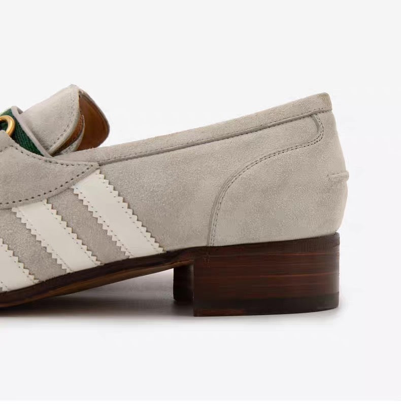 Gucci × adidas Horsebit Loafer – Beige Suede with Web & Trefoil Heel