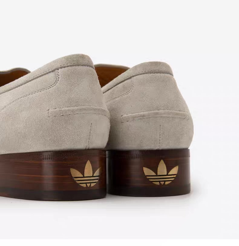 Gucci × adidas Horsebit Loafer – Beige Suede with Web & Trefoil Heel