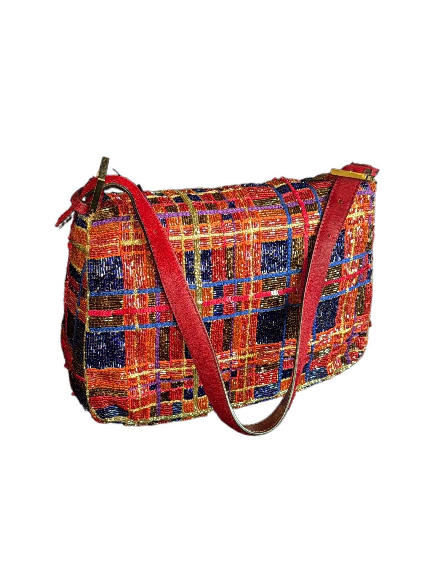 Fendi Multicolor Beaded Plaid Maxi Baguette Shoulder Bag – Rare Large Size Statement Piece