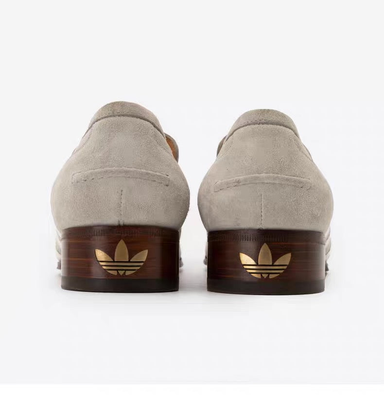 Gucci × adidas Horsebit Loafer – Beige Suede with Web & Trefoil Heel