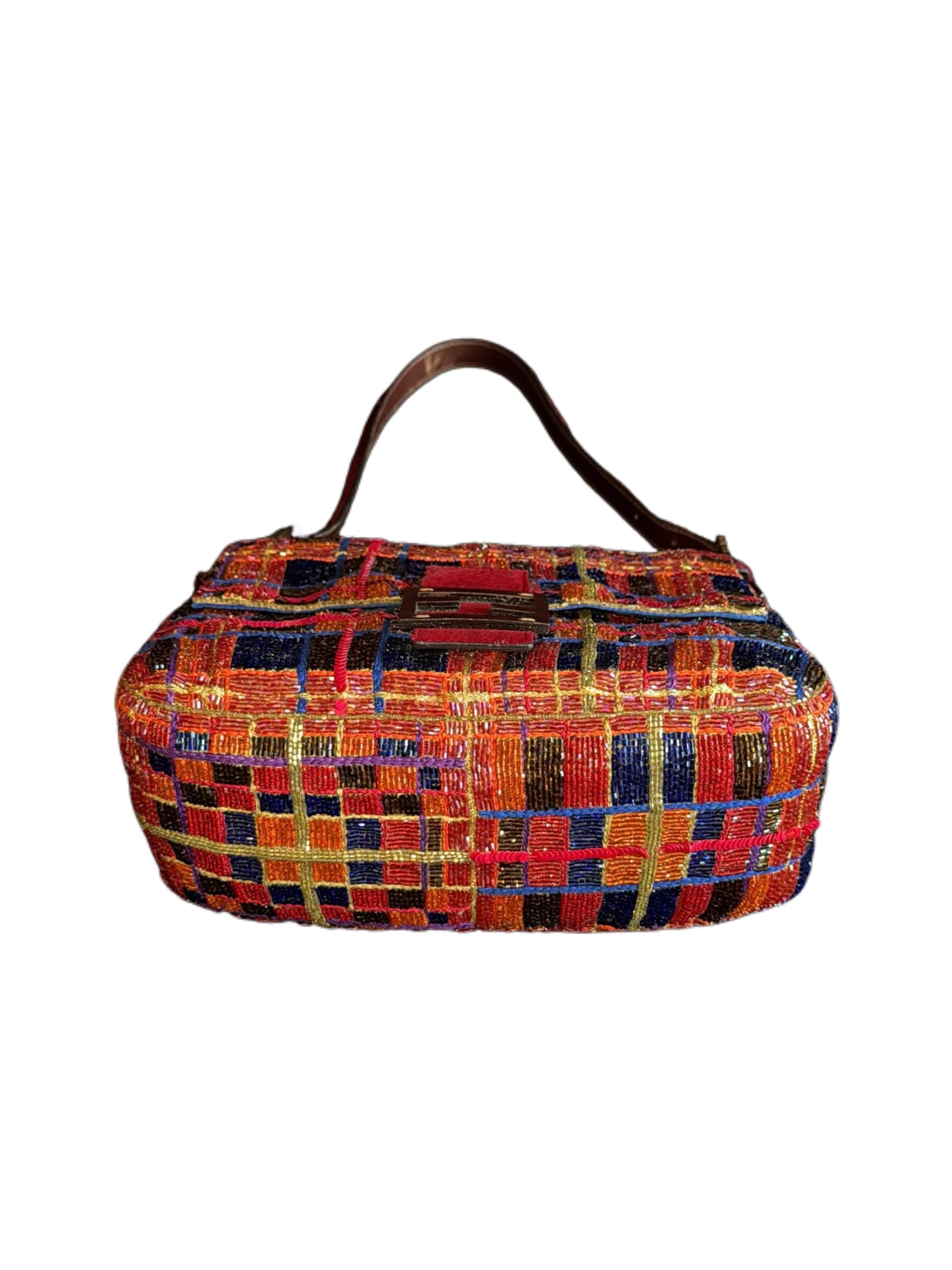 Fendi Multicolor Beaded Plaid Maxi Baguette Shoulder Bag – Rare Large Size Statement Piece