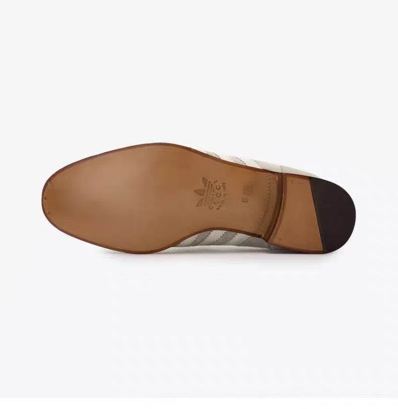 Gucci × adidas Horsebit Loafer – Beige Suede with Web & Trefoil Heel