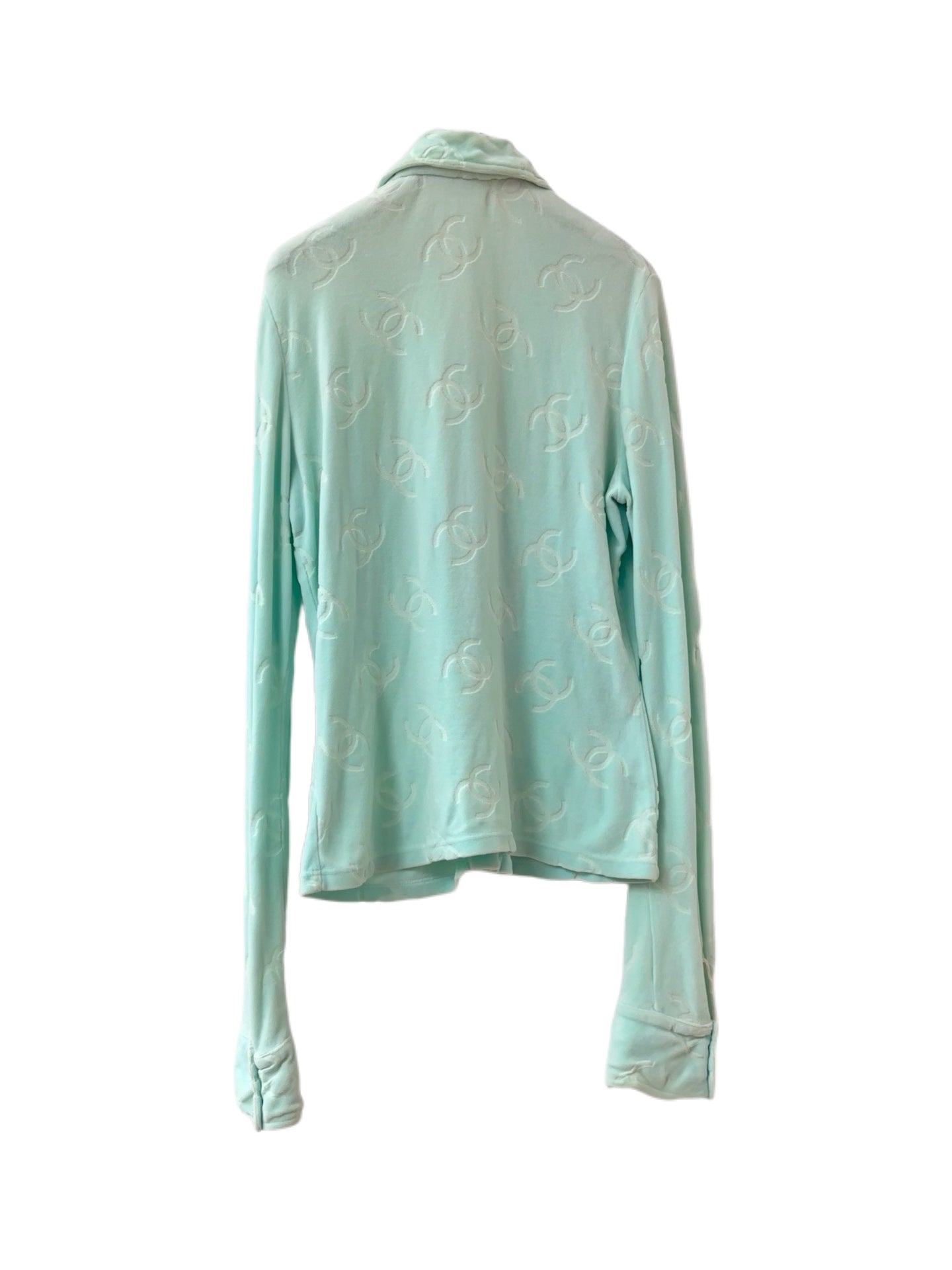 Chanel 1996 Runway CC Logo Velvet Shirt – Mint Blue All-Over Monogram Silk Top