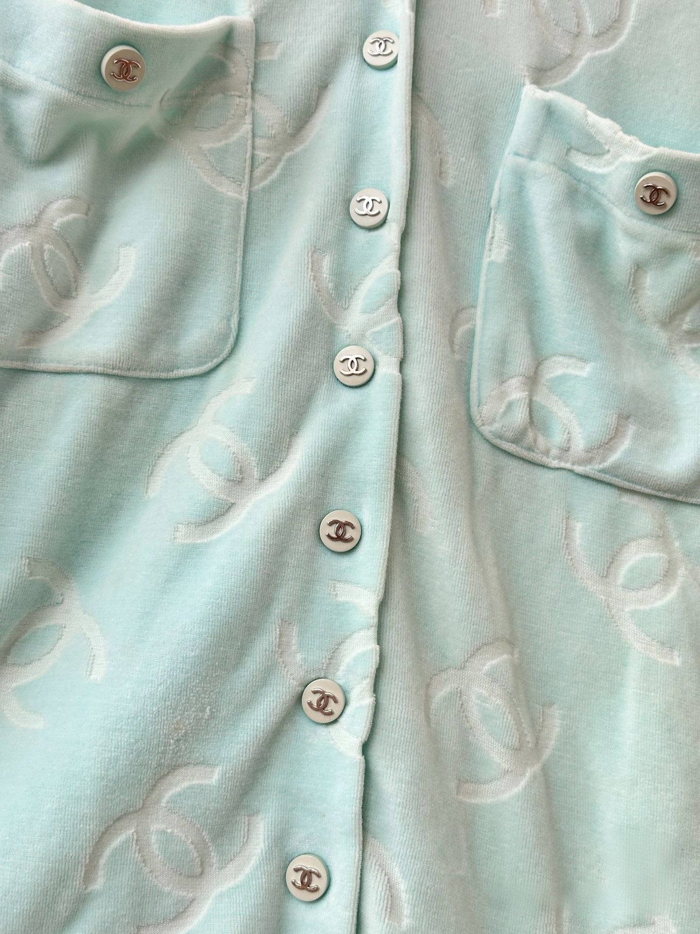 Chanel 1996 Runway CC Logo Velvet Shirt – Mint Blue All-Over Monogram Silk Top