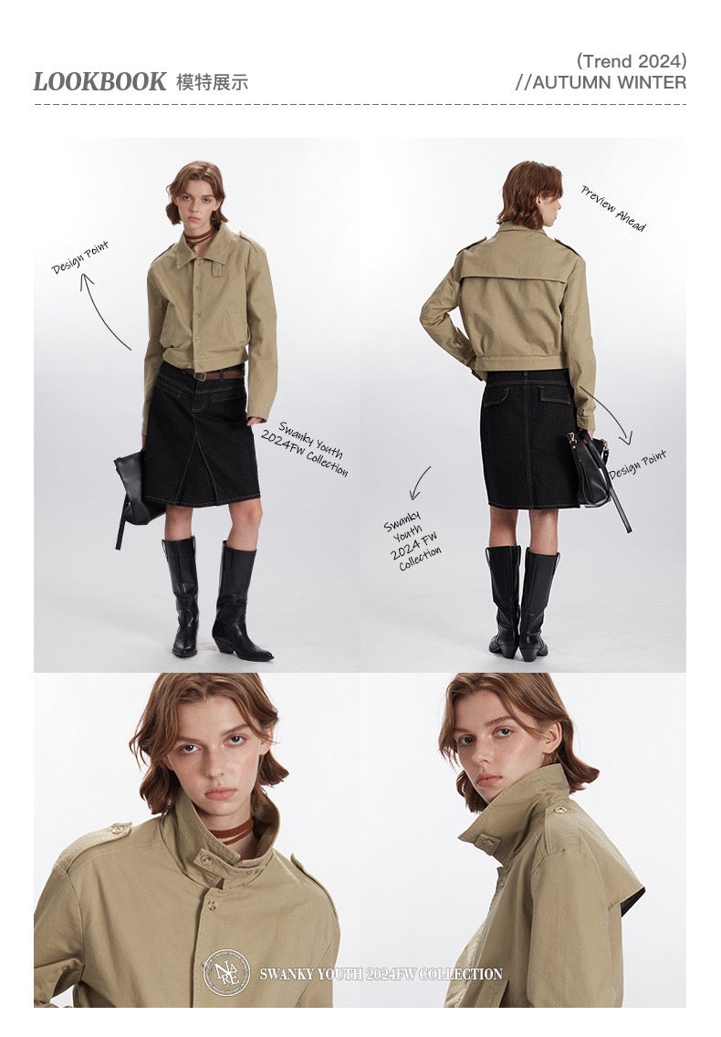 Retro-Inspired Utility Cotton Jacket – Black / Khaki