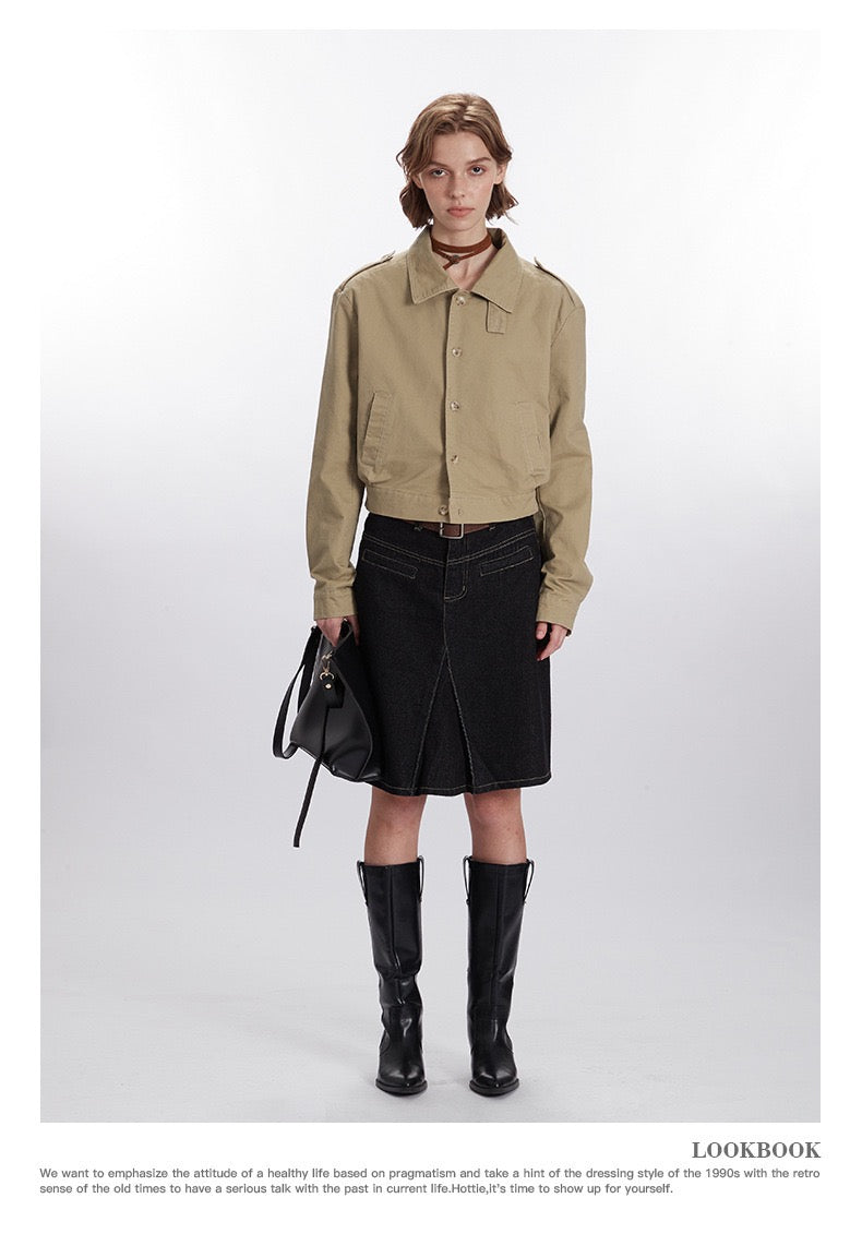 Retro-Inspired Utility Cotton Jacket – Black / Khaki