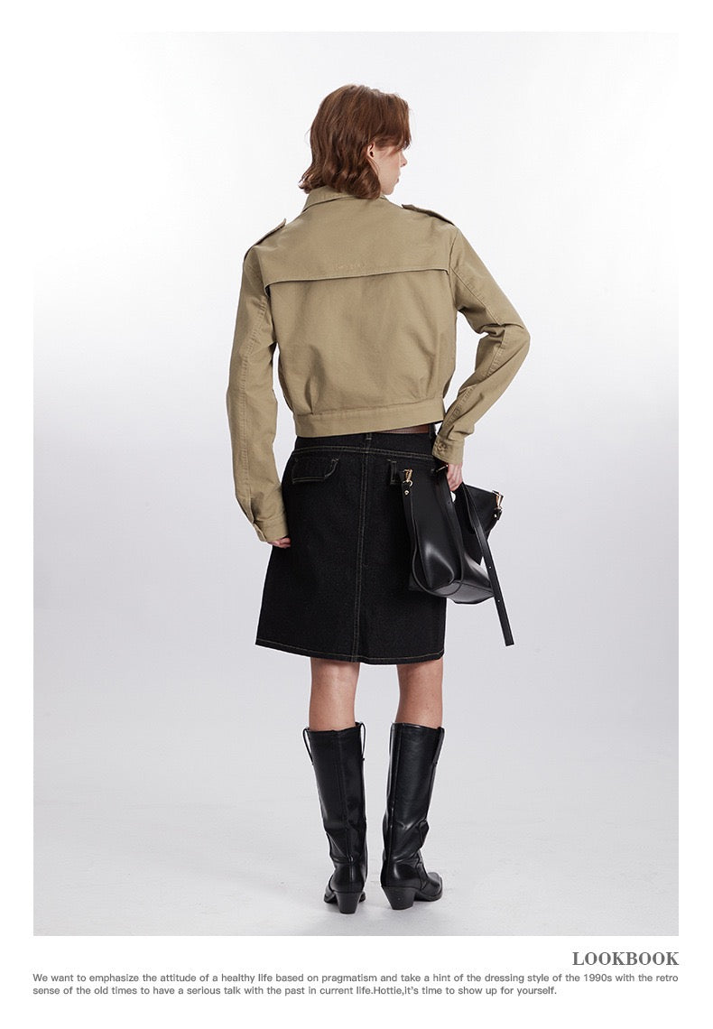 Retro-Inspired Utility Cotton Jacket – Black / Khaki