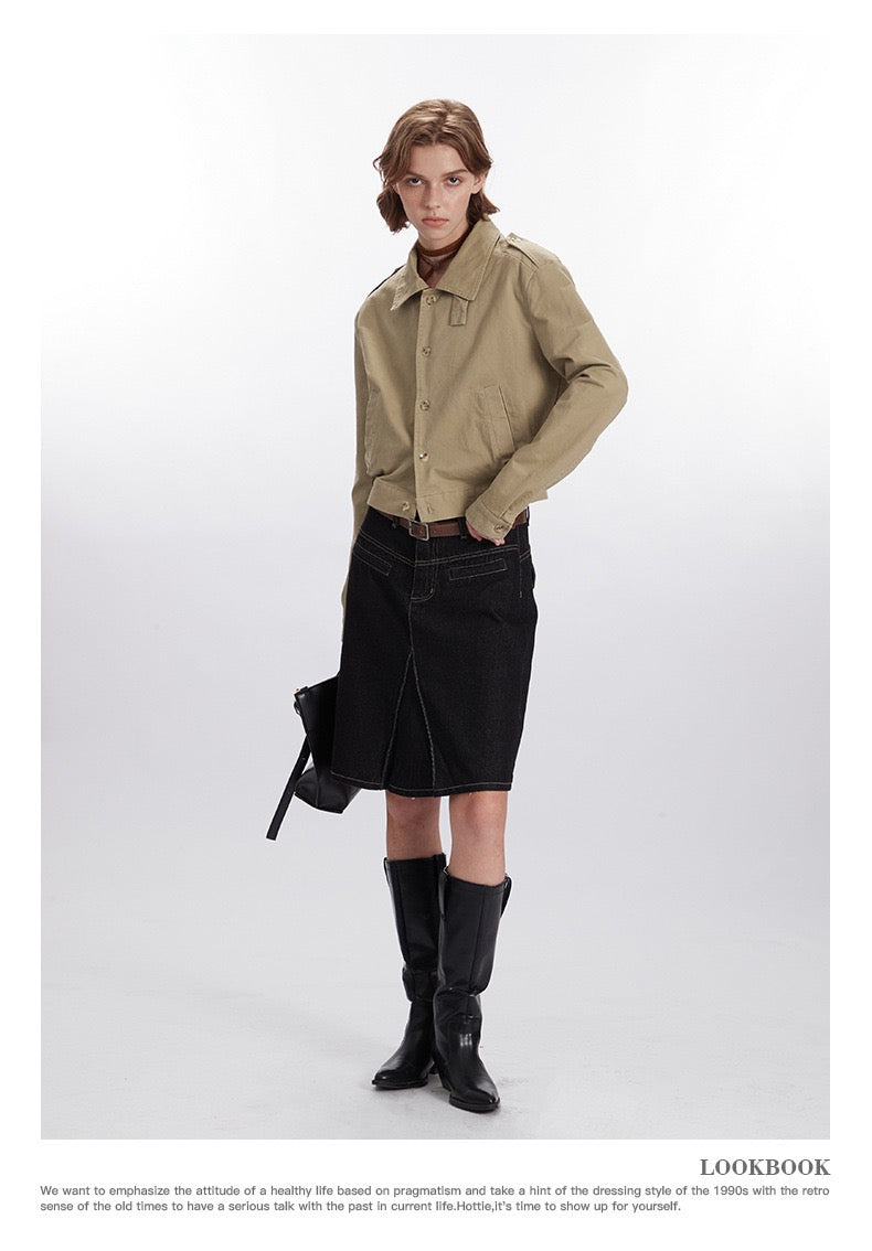Retro-Inspired Utility Cotton Jacket – Black / Khaki