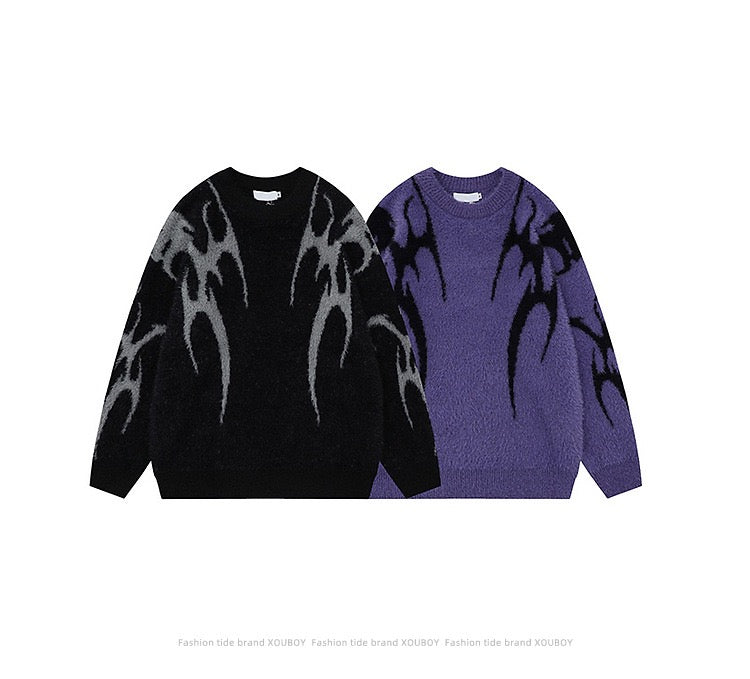 Flame-Pattern Fuzzy Knit Sweater – Purple / Black