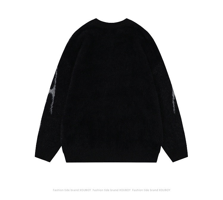 Flame-Pattern Fuzzy Knit Sweater – Purple / Black
