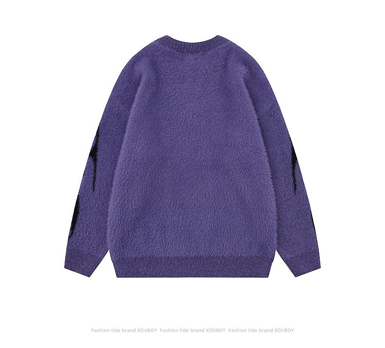 Flame-Pattern Fuzzy Knit Sweater – Purple / Black