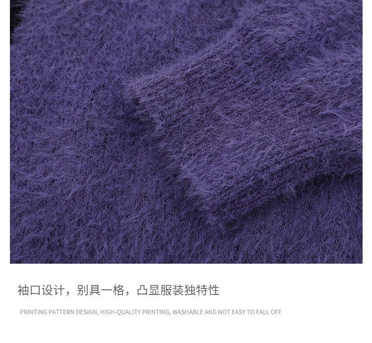 Flame-Pattern Fuzzy Knit Sweater – Purple / Black