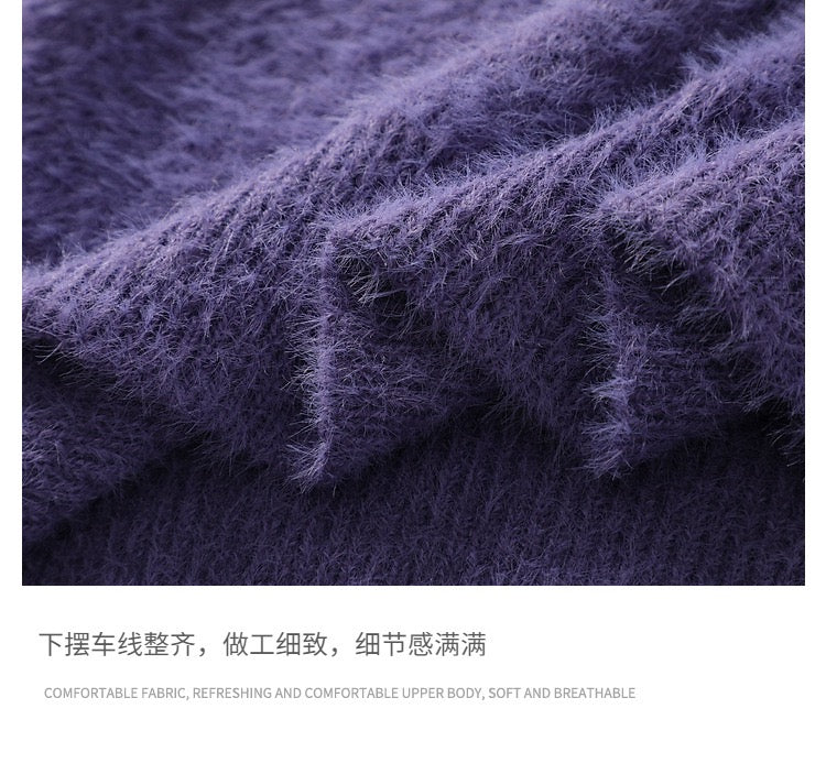 Flame-Pattern Fuzzy Knit Sweater – Purple / Black