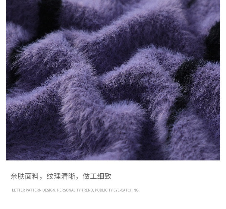 Flame-Pattern Fuzzy Knit Sweater – Purple / Black