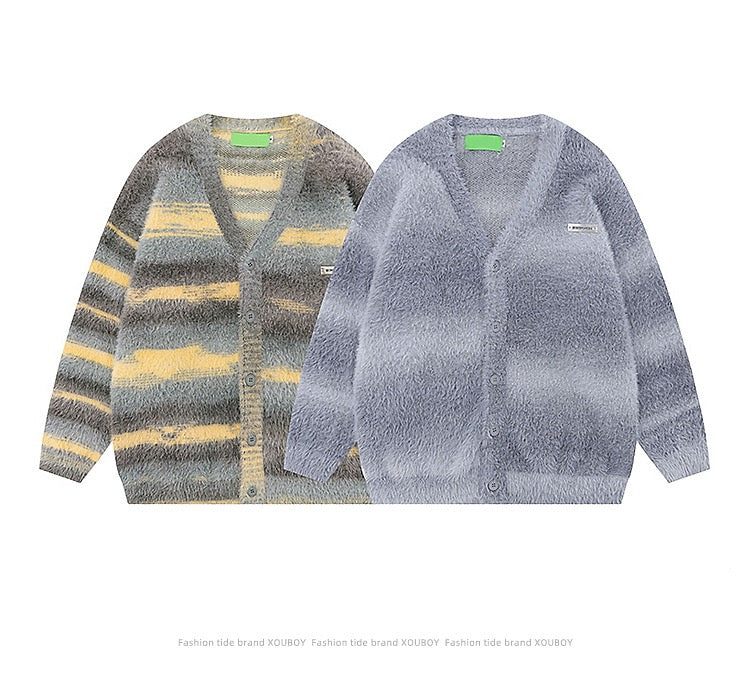 XOUBOY Gradient Striped Fuzzy Knit Cardigan