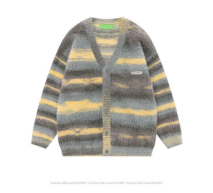 XOUBOY Gradient Striped Fuzzy Knit Cardigan