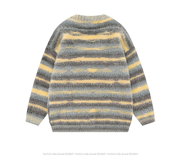 XOUBOY Gradient Striped Fuzzy Knit Cardigan
