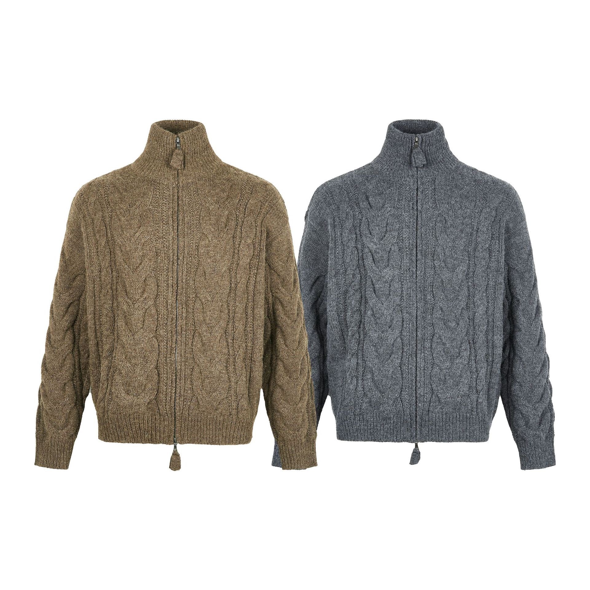 Cable Knit High-Neck Zip Cardigan Sweater