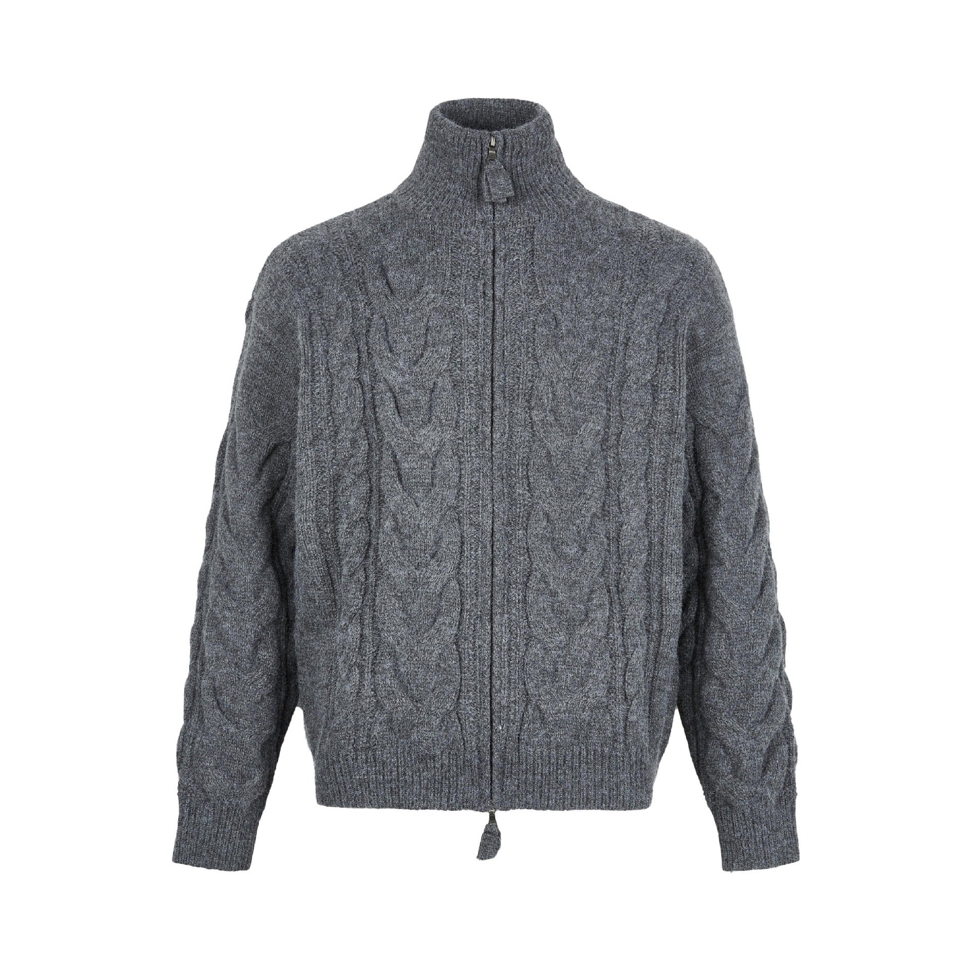 Cable Knit High-Neck Zip Cardigan Sweater