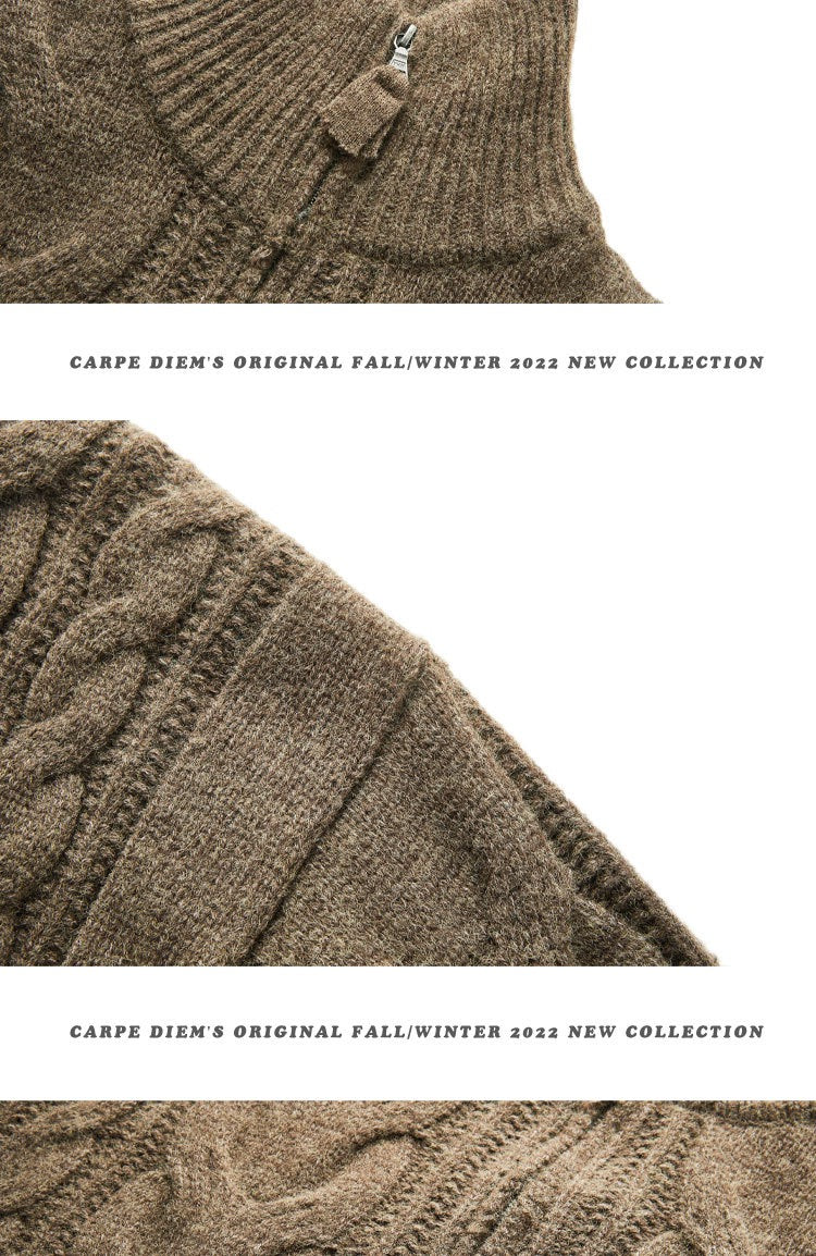 Cable Knit High-Neck Zip Cardigan Sweater