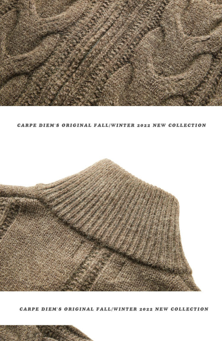 Cable Knit High-Neck Zip Cardigan Sweater
