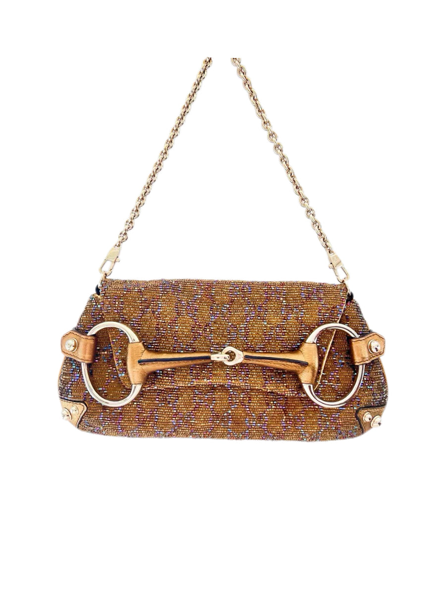 Gucci by Tom Ford Gold Beaded GG Monogram Horsebit Shoulder Bag – Crystal Embellished Vintage Collector Piece