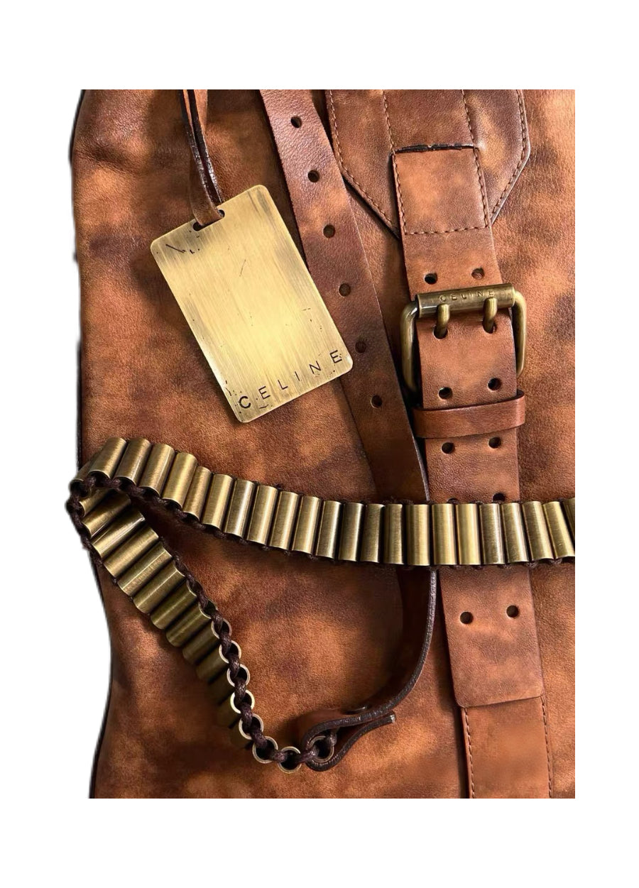 Celine Runway 2001 Ammo Strap Distressed Leather Crossbody Bag – Bullet Belt Detail Archive Piece
