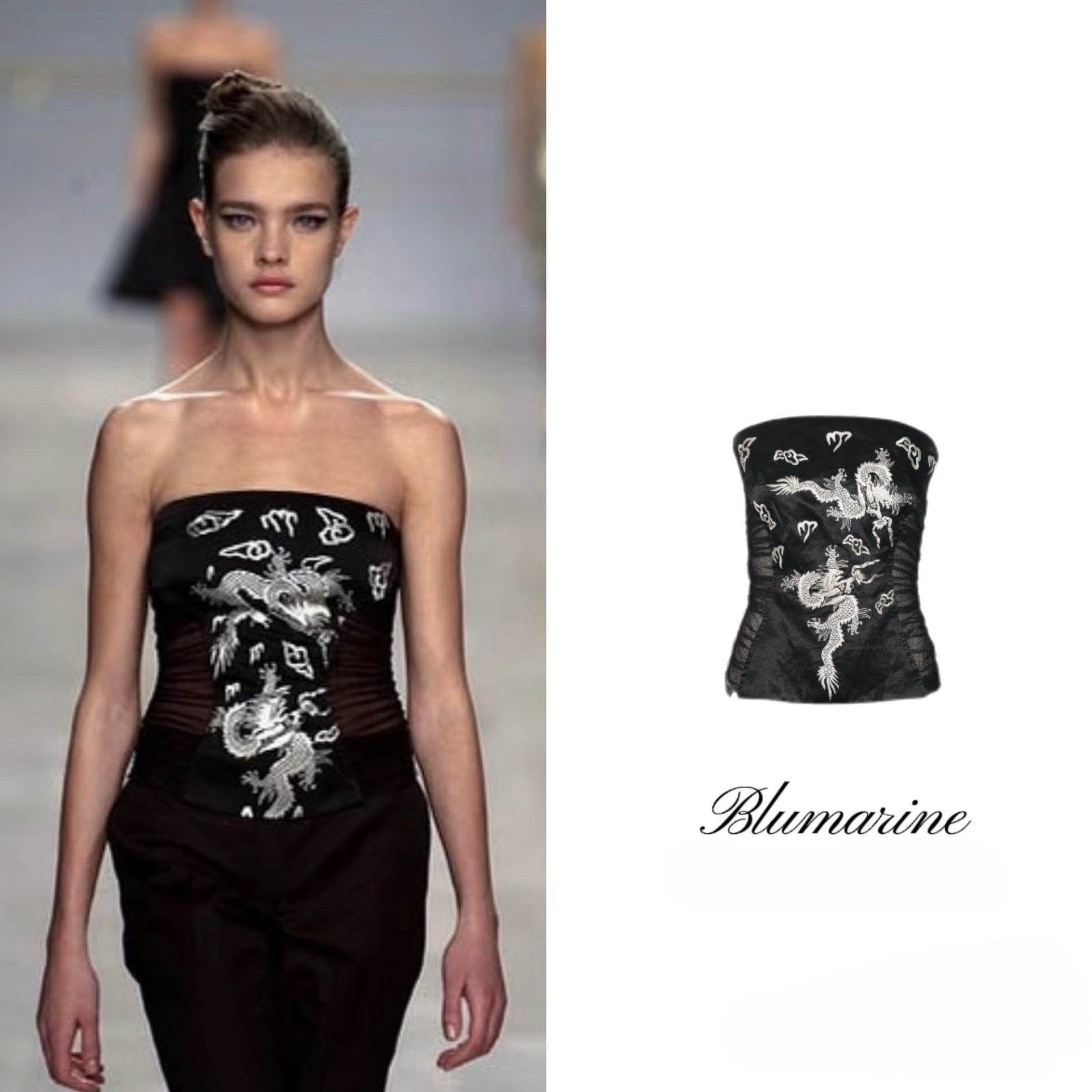 Blumarine Spring/Summer 2003 Runway Dragon Embroidered Silk Bustier Top