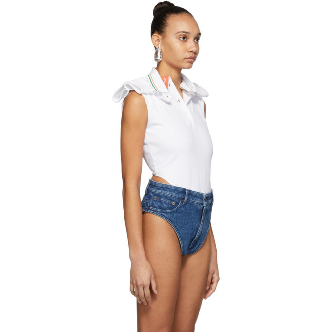 Y/Project Layered Collar Polo Bodysuit – Deconstructed White Cotton Design