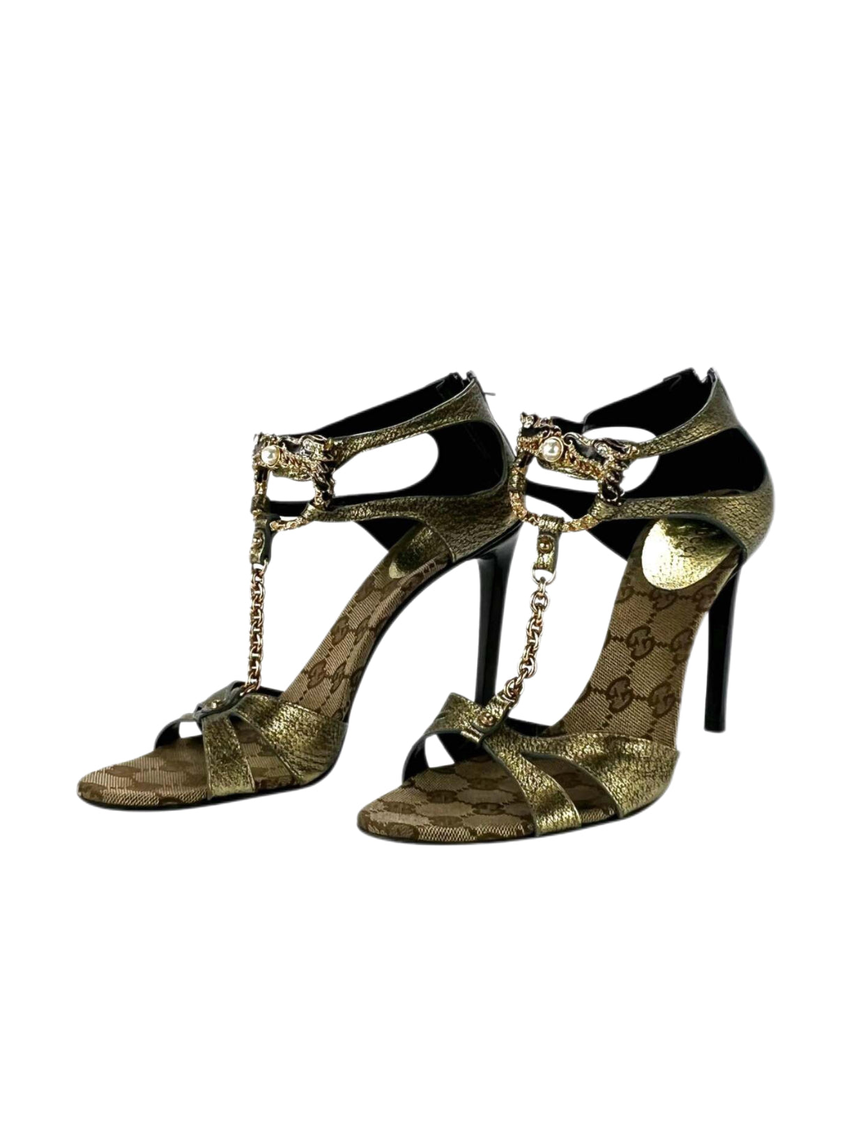 Gucci Fall 2004 Runway Dragon Chain Embellished Metallic Heeled Sandals