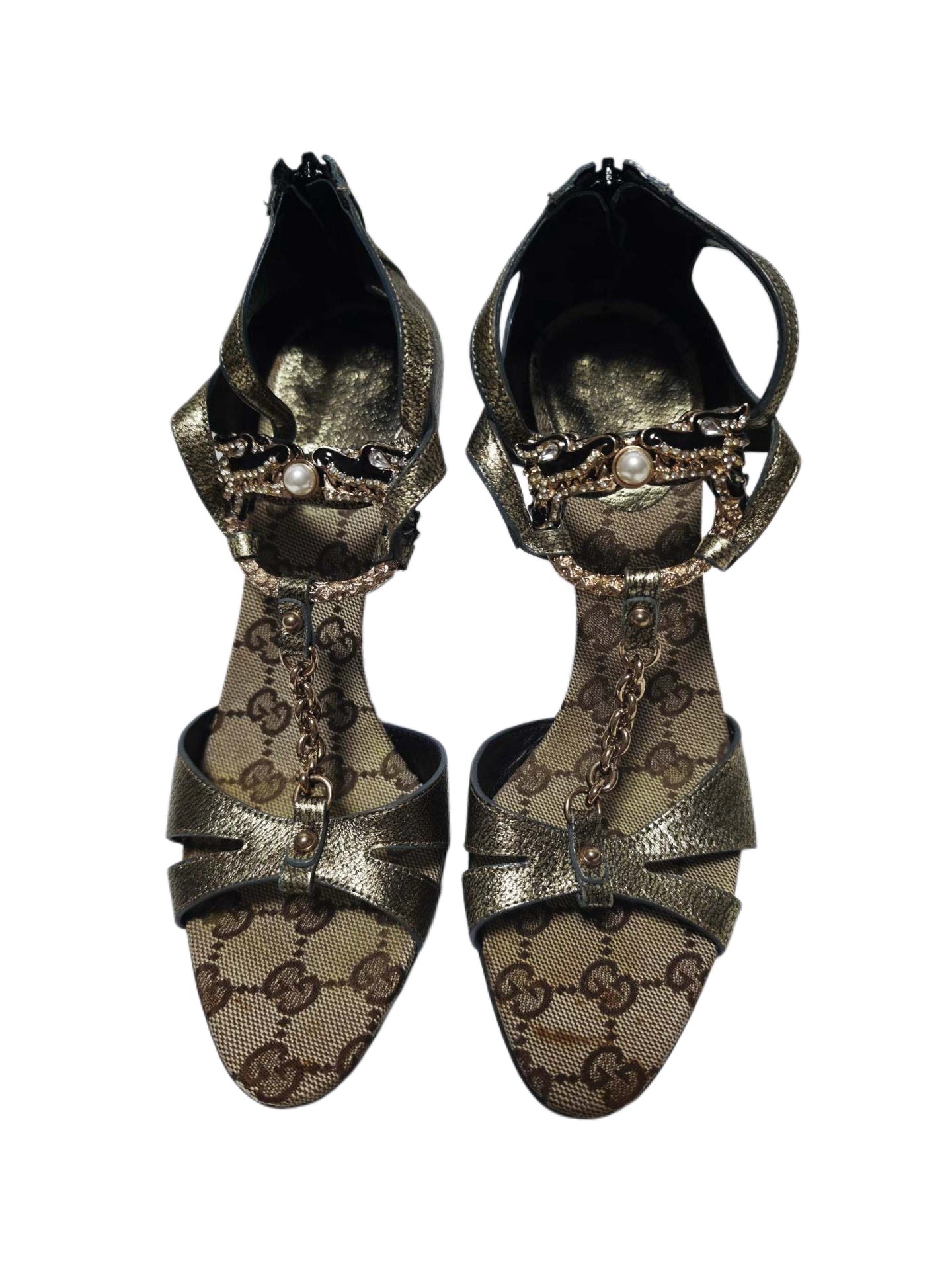 Gucci Fall 2004 Runway Dragon Chain Embellished Metallic Heeled Sandals