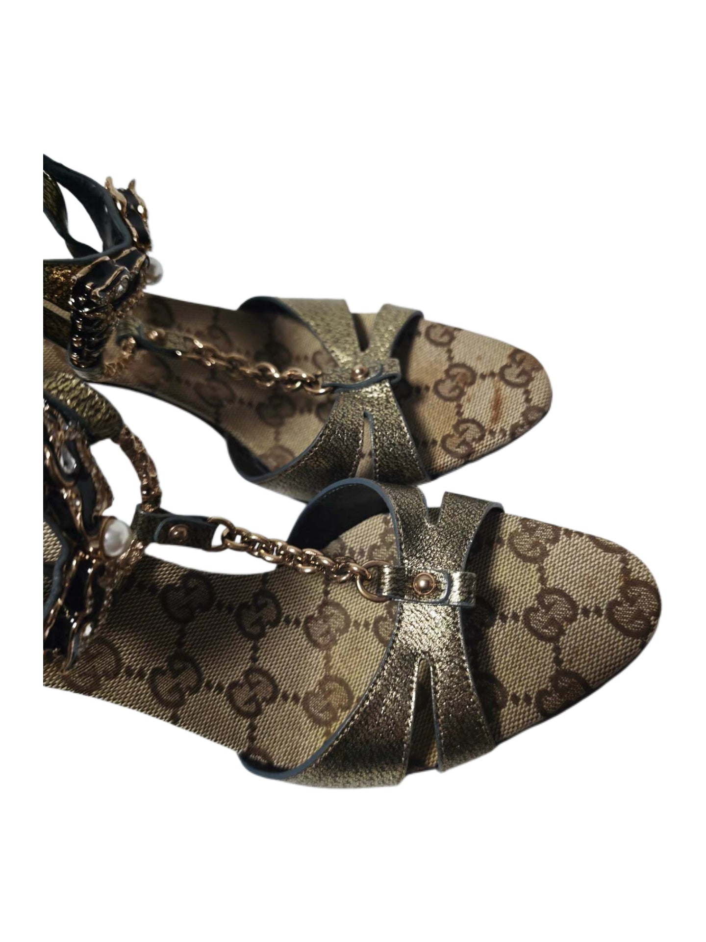 Gucci Fall 2004 Runway Dragon Chain Embellished Metallic Heeled Sandals