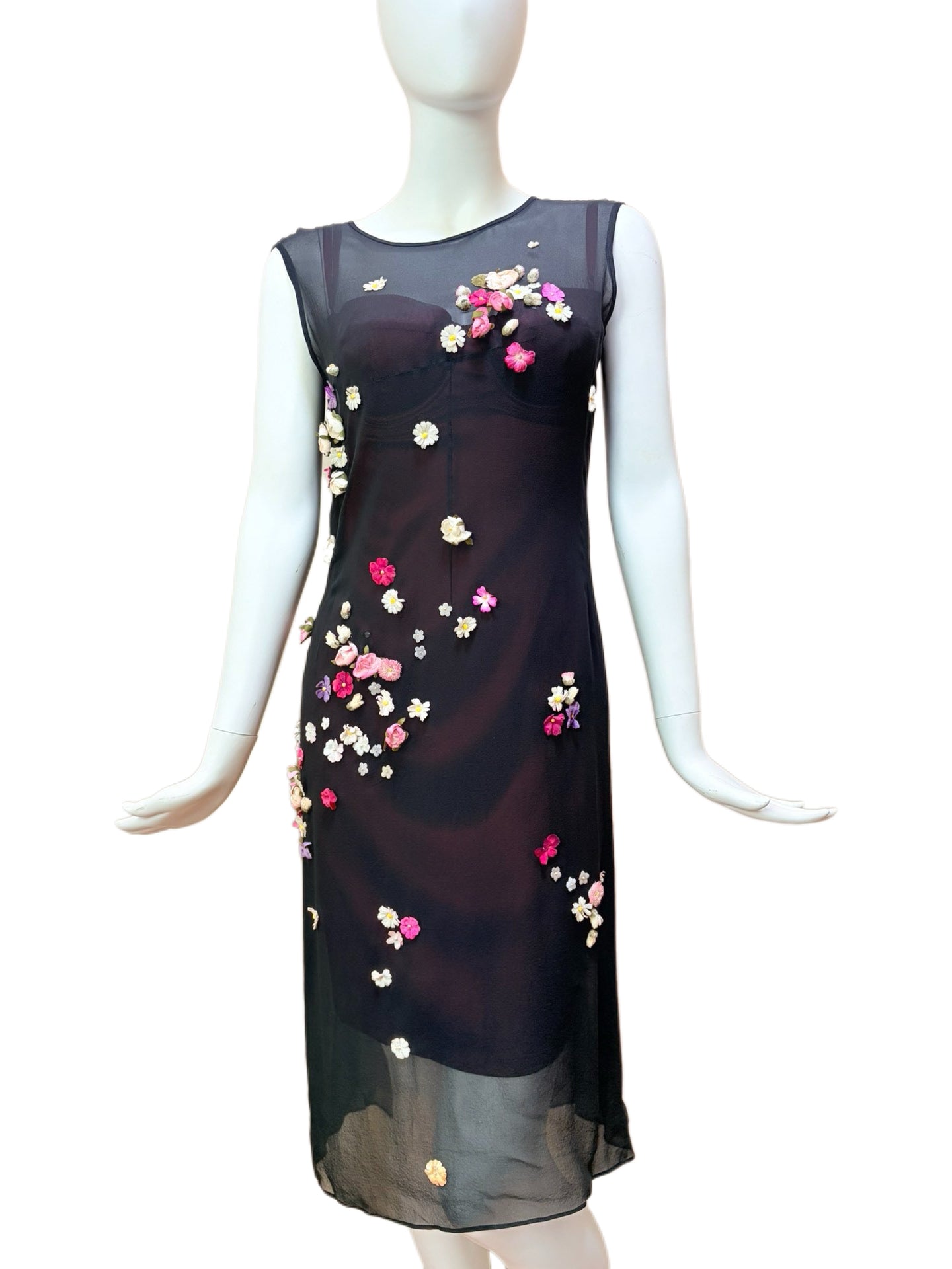 Dolce & Gabbana 1999 Runway Floral Appliqué Sheer Silk Layered Dress Set