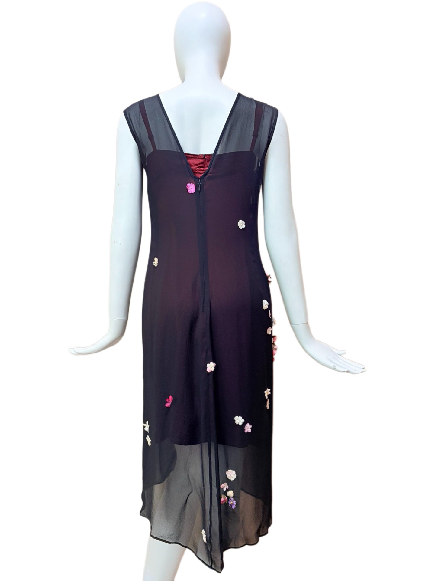 Dolce & Gabbana 1999 Runway Floral Appliqué Sheer Silk Layered Dress Set