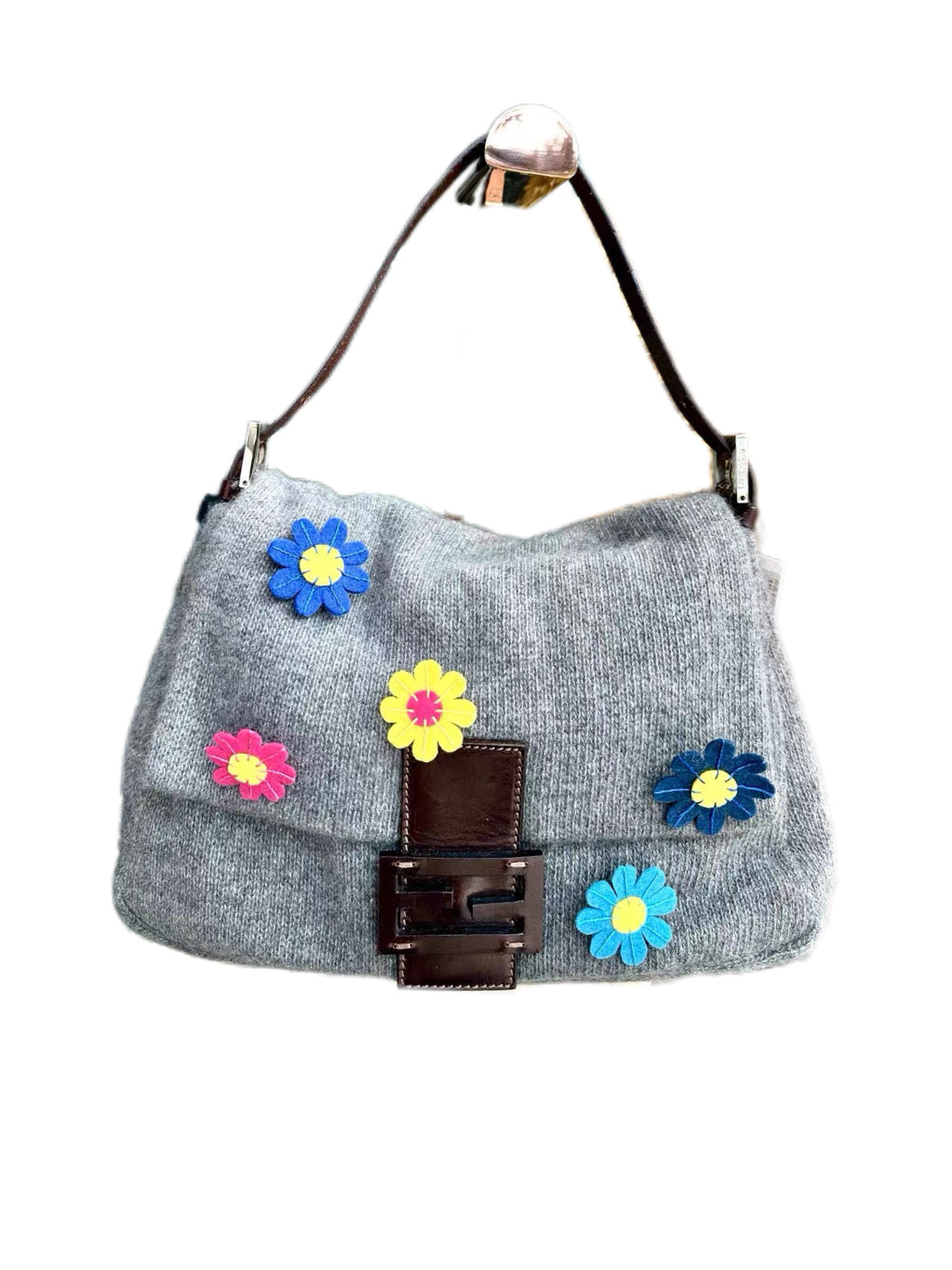 Fendi Knit Flower Embellished Baguette Bag – Grey Wool Felt Large Baguette Archive Piece