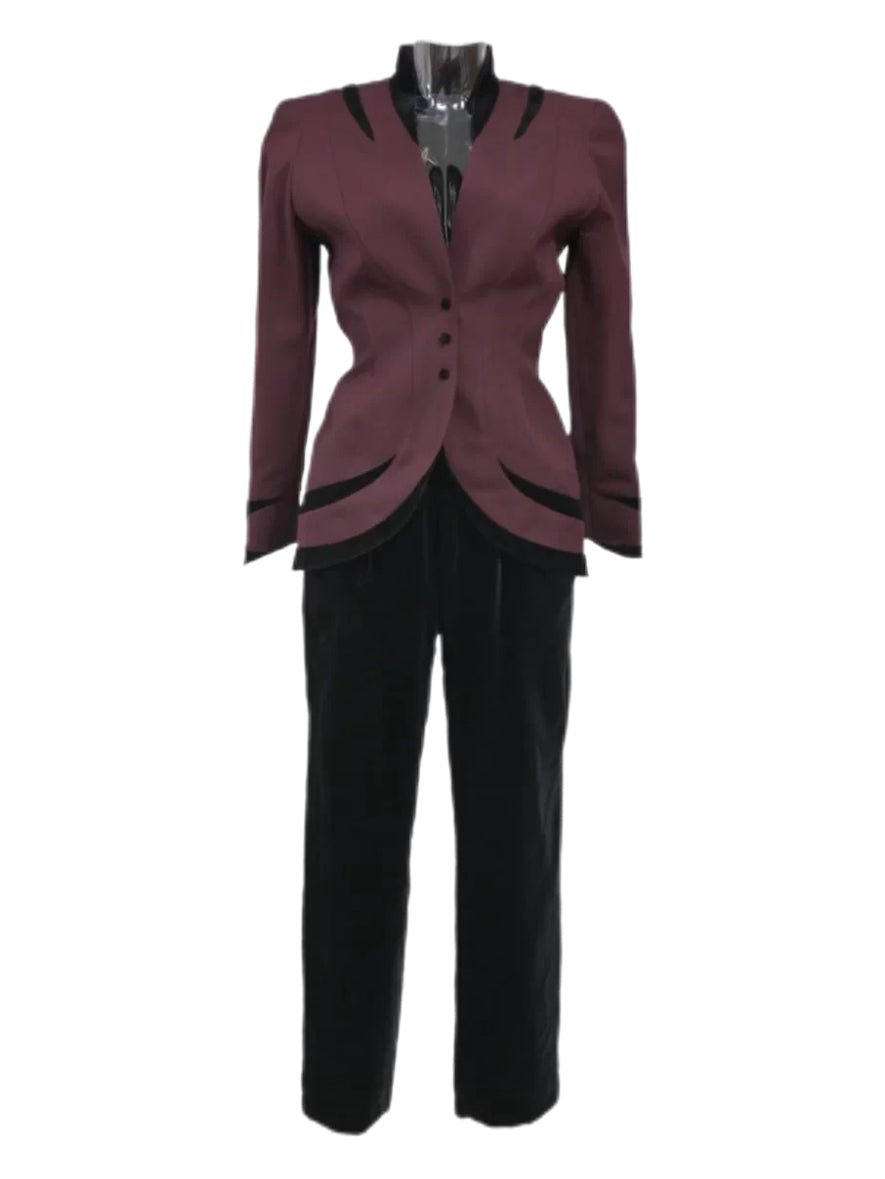 Thierry Mugler Vintage 90s Burgundy Architectural Jacket & Velvet Trouser Set