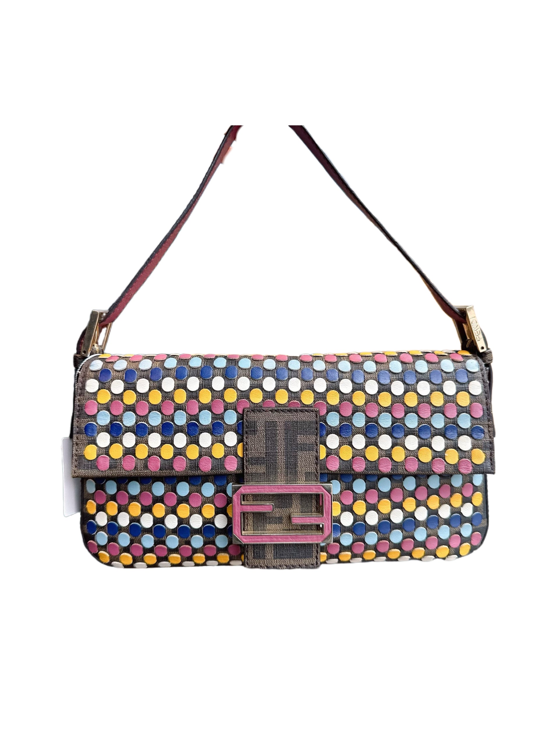Fendi Multicolor Studded Baguette Bag – Zucca Monogram Leather & Rainbow Dot Embellished Archive Piece