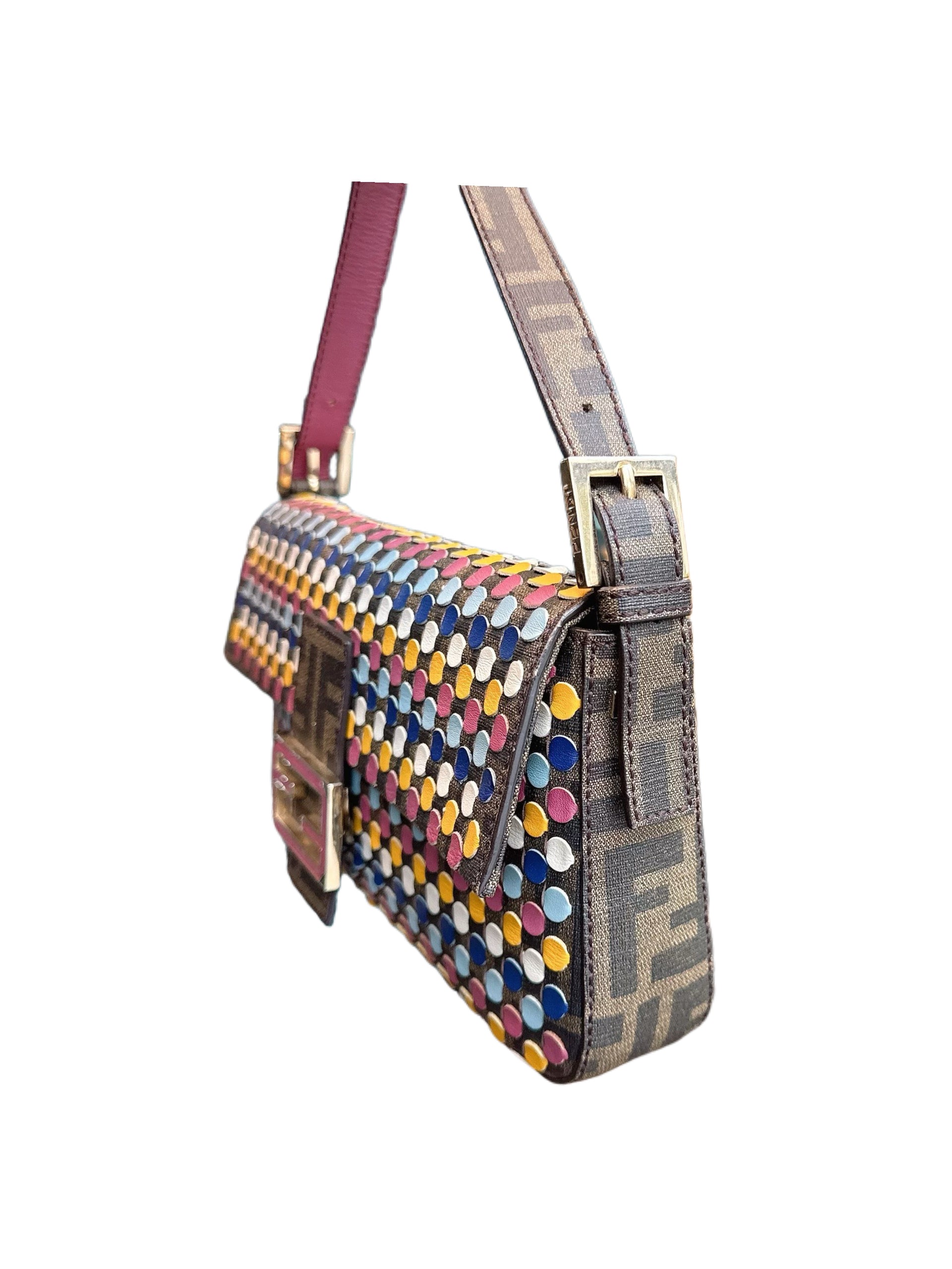 Fendi Multicolor Studded Baguette Bag – Zucca Monogram Leather & Rainbow Dot Embellished Archive Piece